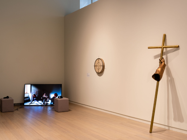 Installation view, "Waiting for Omar Gatlato" at the Wallach Art Gallery curated by Natasha Lorens. Pictured: Halida Boughriet, Corps de masse, 2014; Yazid Oulab, Sible, 2013; Fayçal Baghriche, The cardinal's arm, 2016.  Photography: Emile L. Askey
